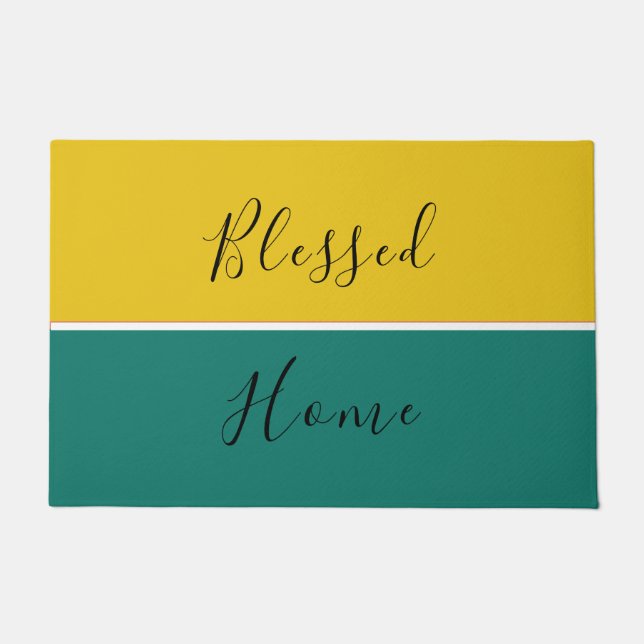Modern Elegant Yellow Green Script Blessed Home Doormat (Front)