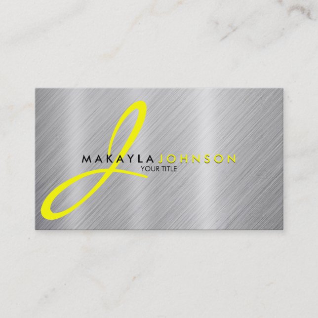 Modern & Elegant yellow Monogram Brushed Aluminum Business Card (Front)