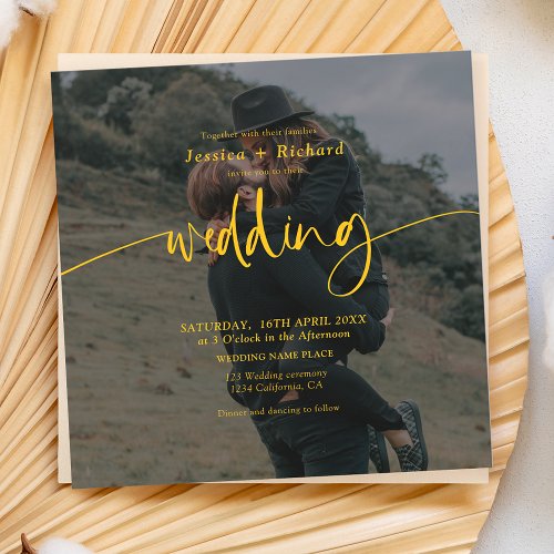 Modern elegant yellow photo wedding script  invitation