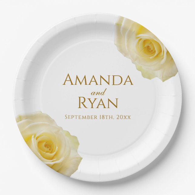 Modern Elegant Yellow Rose Floral Wedding Paper Plates (Front)
