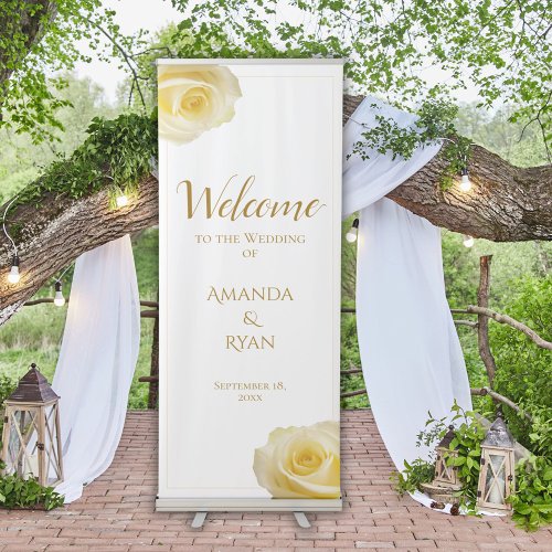 Modern Elegant Yellow Roses Floral Wedding Welcome Retractable Banner