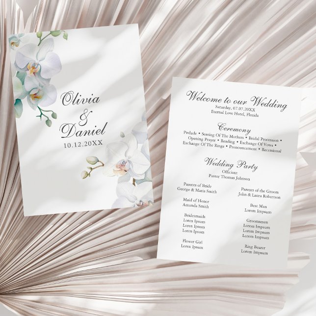 Modern Eleganta White Orchids Wedding Program (Modern Eleganta White Orchids Wedding Program on a sunny white dry palm leaf.)