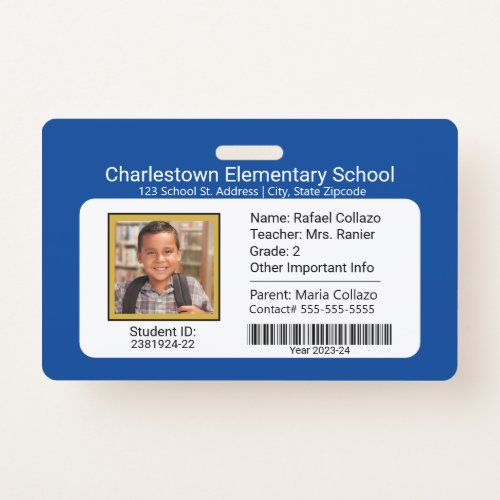 Modern Elementary School Student ID Badge blue