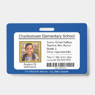 Modern Elementary School Student ID Badge blue