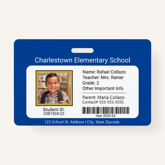 Modern Elementary School Student ID Badge blue (Front)