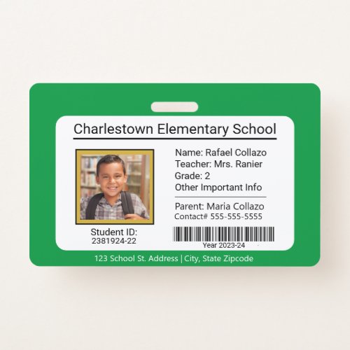 Modern Elementary School Student ID Badge Green