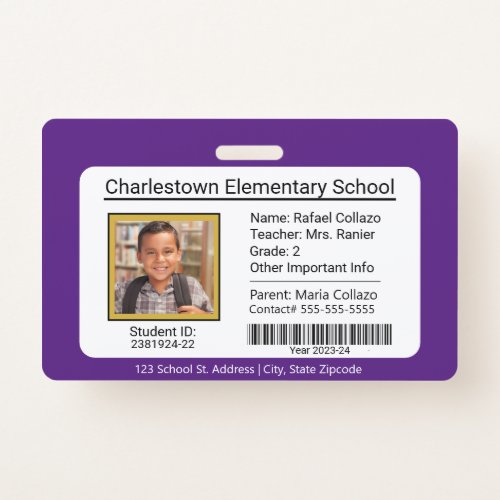 Modern Elementary School Student ID Badge Purple