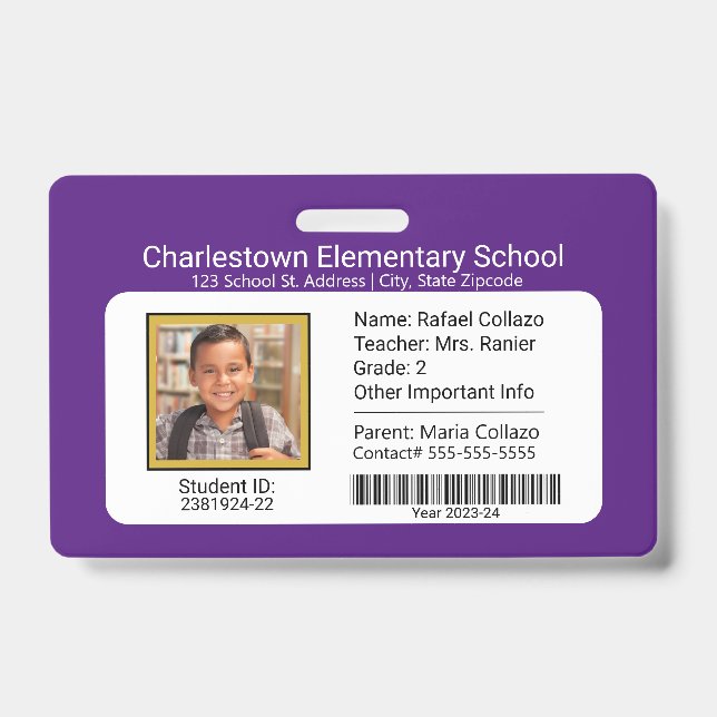 Modern Elementary School Student ID Badge Purple (Front)