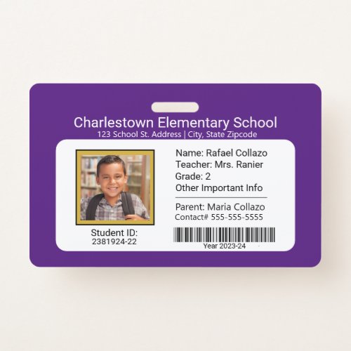 Modern Elementary School Student ID Badge Purple