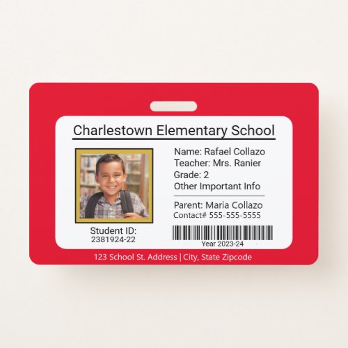 Modern Elementary School Student ID Badge red