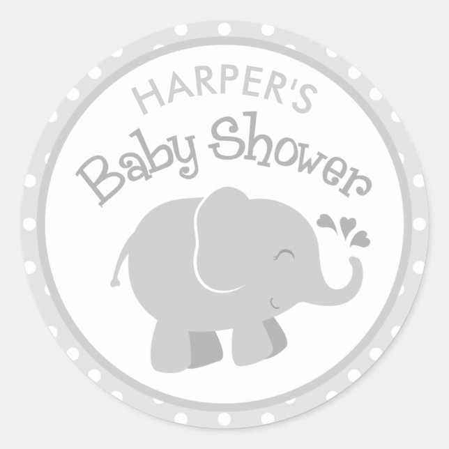 Modern Elephant Baby Shower Gray and White Classic Round Sticker (Front)