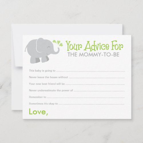 Modern Elephant Baby Shower Green and Gray Advice Card