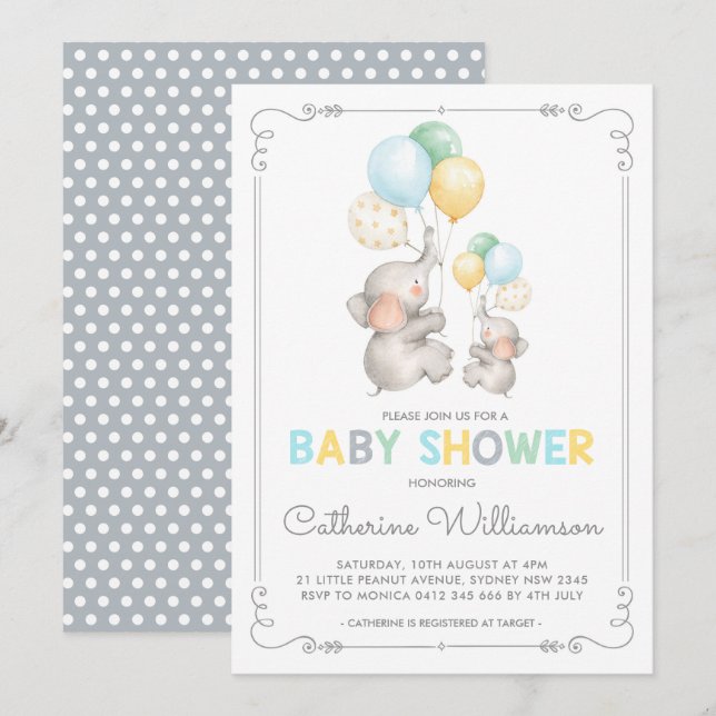 Modern Elephant Baby Shower Minimalist Jungle Boy Invitation (Front/Back)