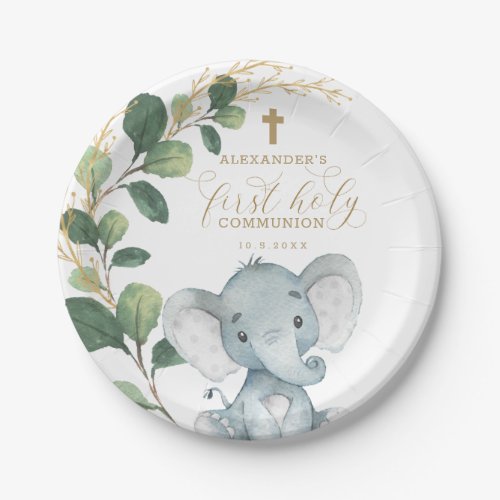 Modern Elephant Botanical Greenery Holy Communion Paper Plates