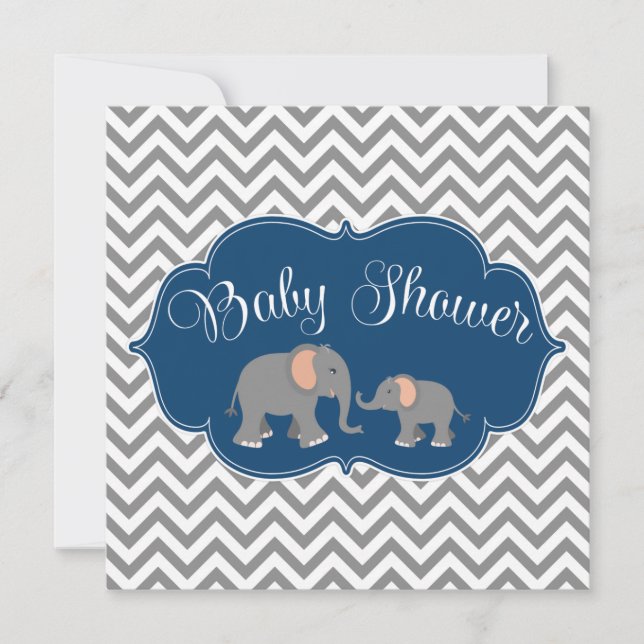 Modern Elephant Chevron Navy Blue Gray Baby Shower Invitation (Front)
