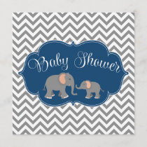 Modern Elephant Chevron Navy Blue Gray Baby Shower Invitation