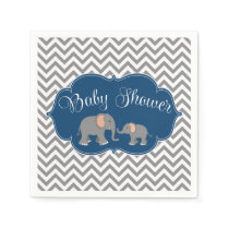 Modern Elephant Chevron Navy Blue Gray Baby Shower Napkins