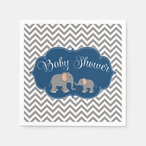 Modern Elephant Chevron Navy Blue Gray Baby Shower Napkins