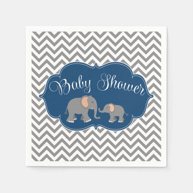 Modern Elephant Chevron Navy Blue Gray Baby Shower Napkins (Front)