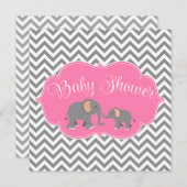 Modern Elephant Chevron Pink Gray Baby Shower Invitation (Front/Back)
