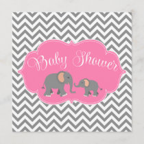 Modern Elephant Chevron Pink Gray Baby Shower Invitation