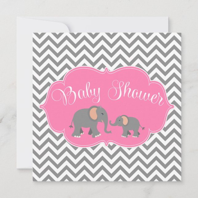 Modern Elephant Chevron Pink Gray Baby Shower Invitation (Front)