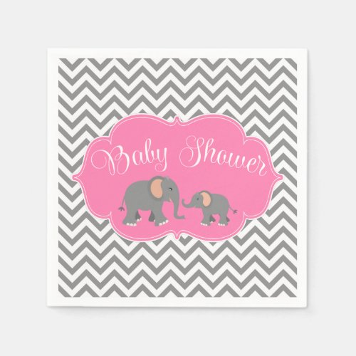 Modern Elephant Chevron Pink Gray Baby Shower Napkins