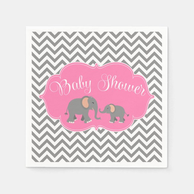 Modern Elephant Chevron Pink Gray Baby Shower Napkins (Front)