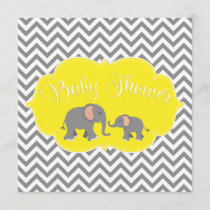 Modern Elephant Chevron Yellow Gray Baby Shower Invitation