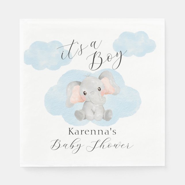 Modern Elephant Clouds It's A Boy Baby Shower Napkins (Front)