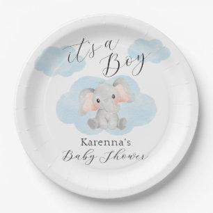 Modern Elephant Clouds It's A Boy Baby Shower Paper Plates
