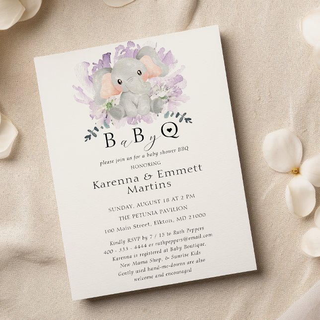 Modern Elephant Floral Baby-Q BBQ Baby Shower Invitation (Creator Uploaded)