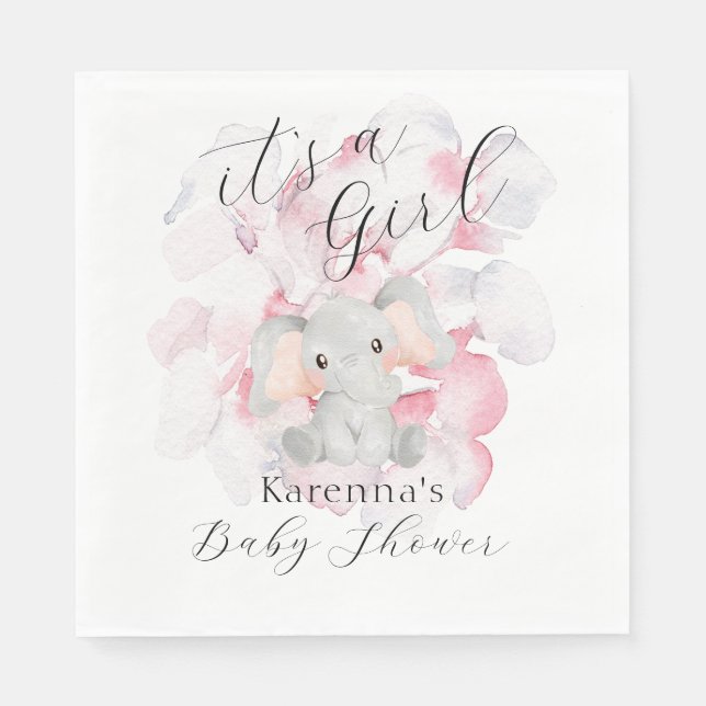Modern Elephant Floral It's A Girl Baby Shower Napkins (Front)