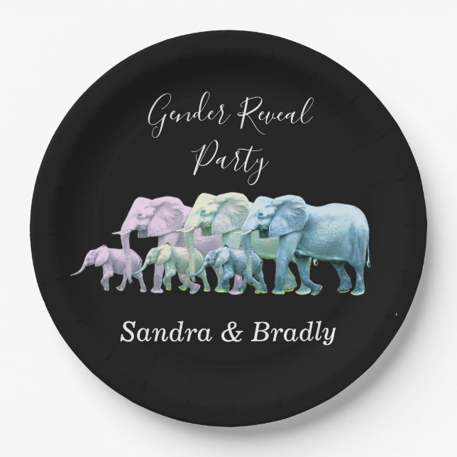 Modern Elephant Gender reveal party Invitation Paper Plates (Front)