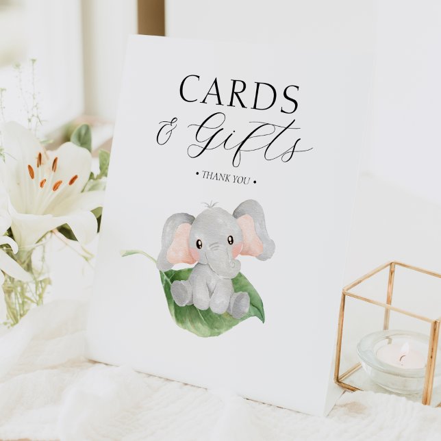 Modern Elephant Greenery Baby Shower Cards & Gifts Pedestal Sign (Creator Uploaded)