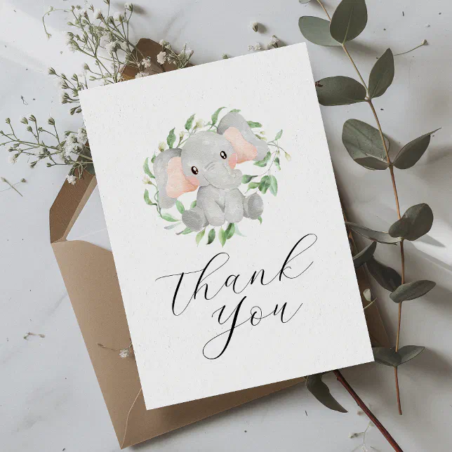 Modern Elephant Greenery Baby Shower Thank You Card | Zazzle