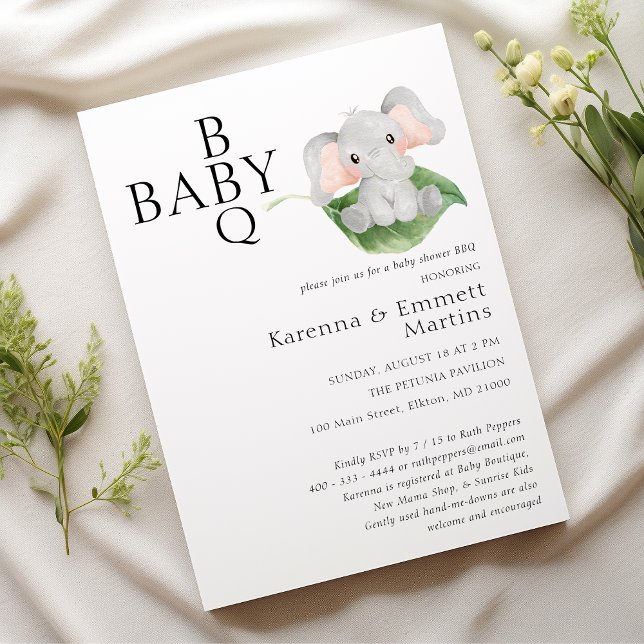 Modern Elephant Greenery BBQ Baby Shower Invitation (Creator Uploaded)