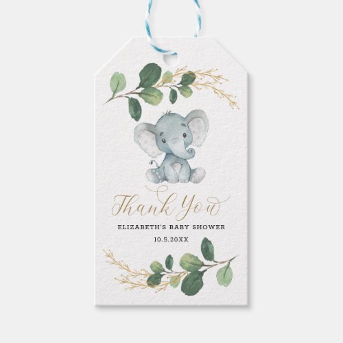Modern Elephant Greenery Gold Leaves Baby Shower Gift Tags
