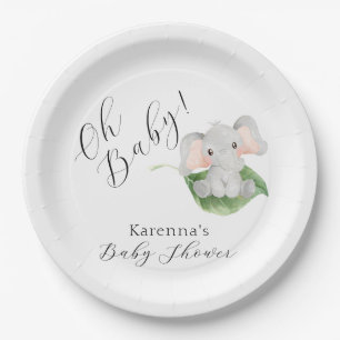 Modern Elephant Greenery Oh Baby Shower Paper Plates