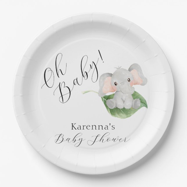 Modern Elephant Greenery Oh Baby Shower Paper Plates (Front)