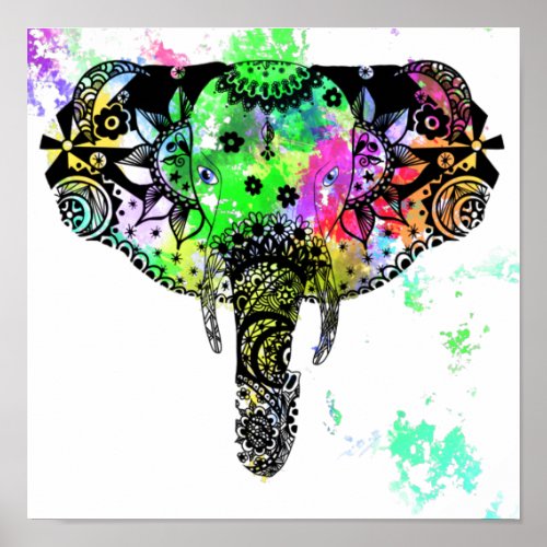 Modern elephant mandala rainbow paint splatter poster