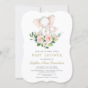Modern Elephant Pink Cream Flowers Baby Shower Invitation