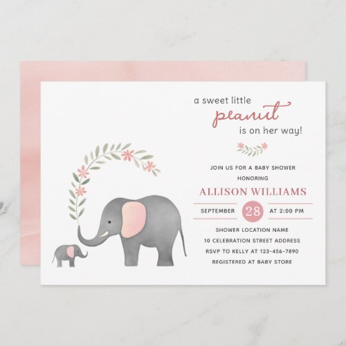 Modern Elephant Pink Floral Girl Baby Shower   Invitation