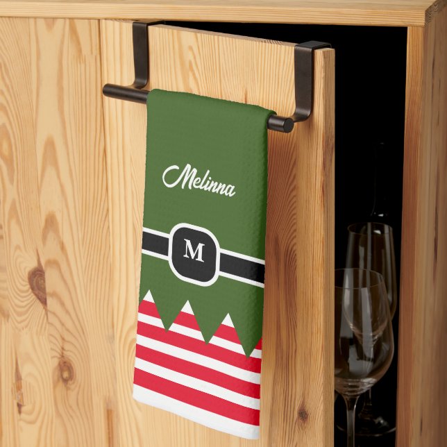 Modern Elf Pine Green Holiday Monogram Kitchen Towel (Thirds Fold)