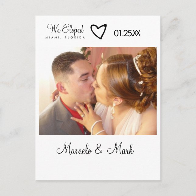 Modern Eloped Photo Black Heart Postcard (Front)