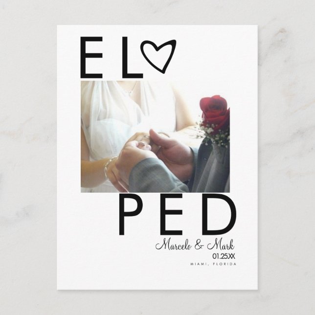 Modern Eloped Photo Typography Heart Postcard (Front)