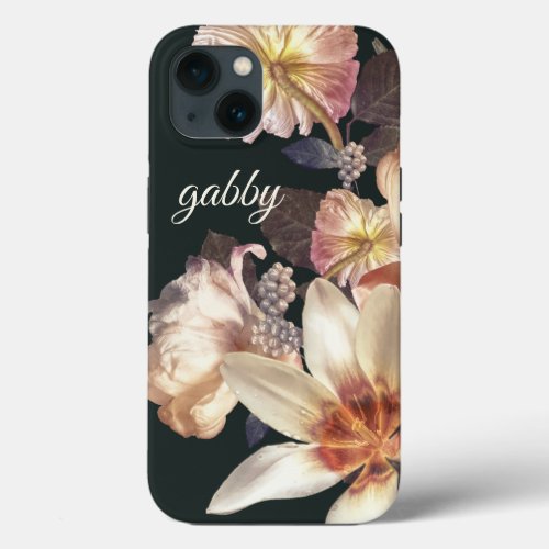 Modern Embellished Big Florals  Custom Text iPhone 13 Case