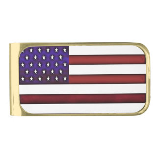Modern Embossed American Flag Gold Finish Money Clip