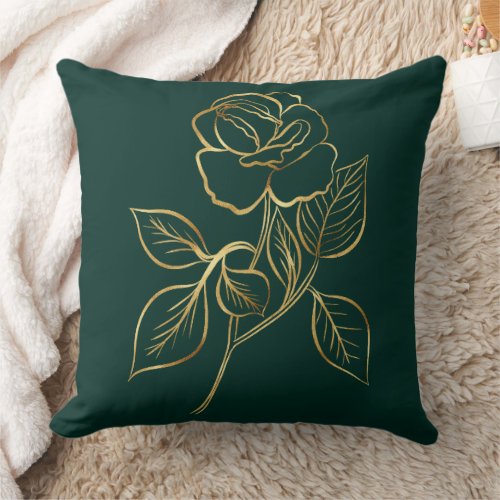 Modern Emerald and Gold Rose Minimal Throw Pillow