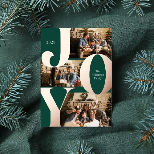 Modern Emerald and Rose Gold Joy Family Photo Foil Holiday Card